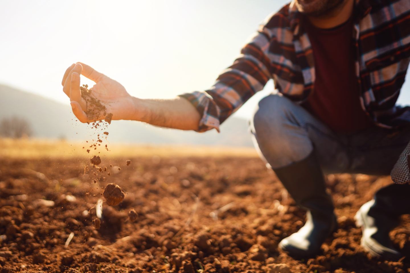 A farmer (photo taken from shoulders and below) crouches in a tilled field. Loose dirt falls from their hand, back to the soil. The farmer is wearing rubber rainboots, jeans, and a flannel shirt. 