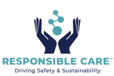 Responsible Care logo blue hands, chemistry iconography 