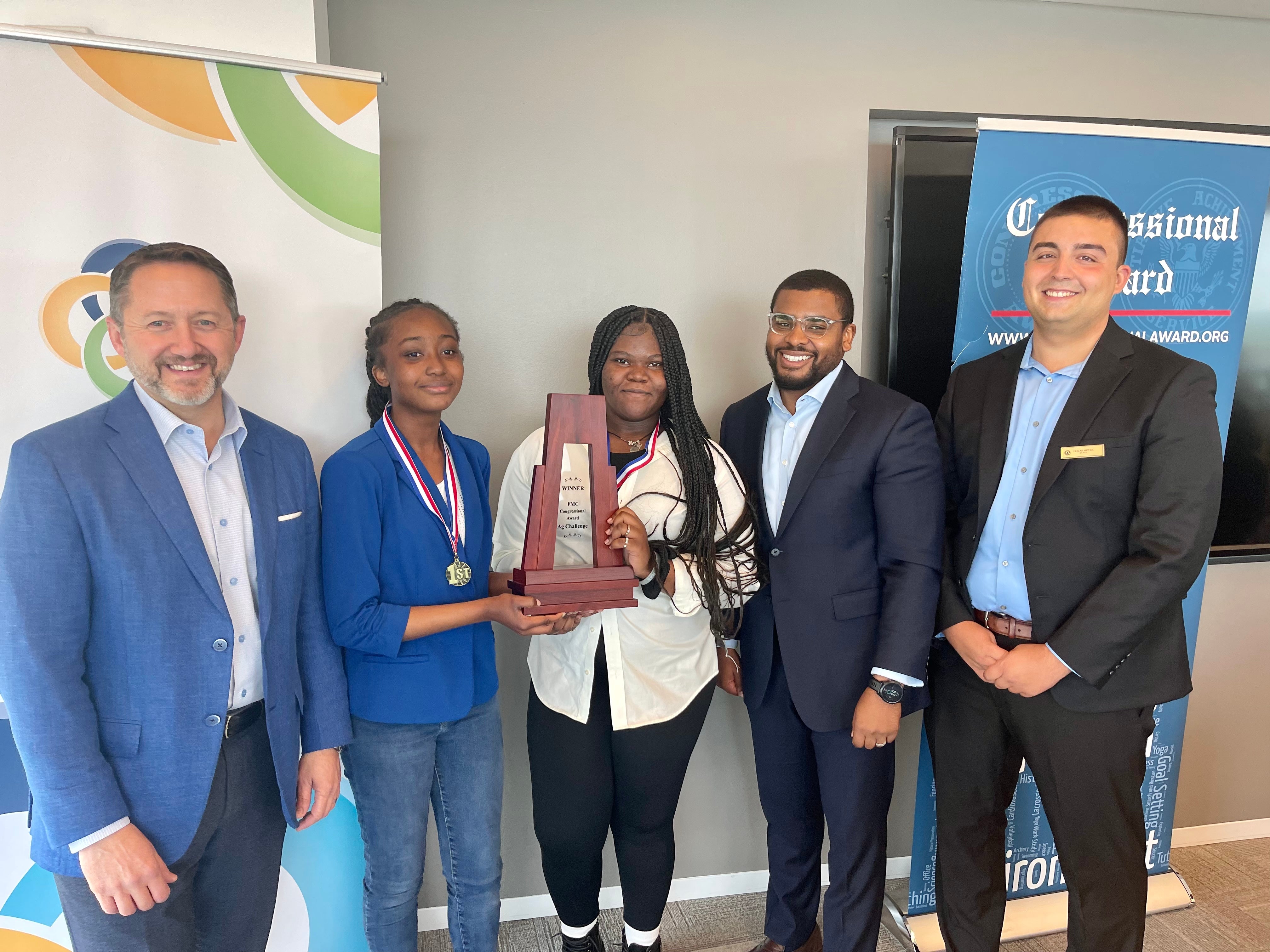 Shawn Whitman, FMC vice president, Government Affairs; Chrishelle Duffus, Lankenau student; Angemare Emmanuel, Lankenau student; Darryl Blakey, FMC associate director, State Government Affairs; Lukas Meyer, north program manager, The Congressional Award Program