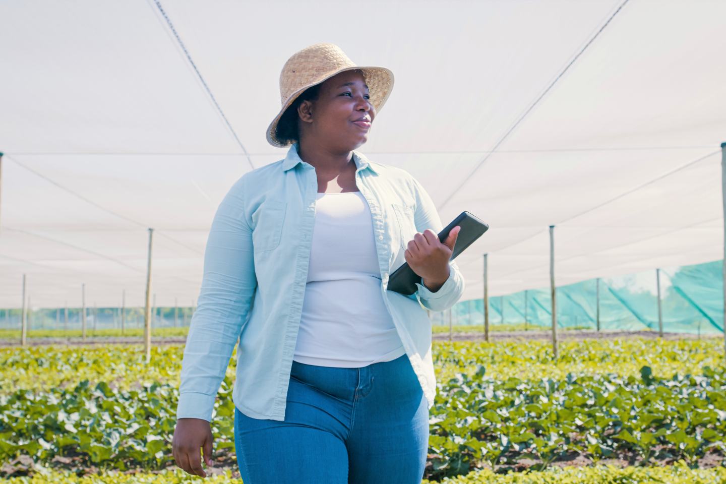 A Black woman stands in the foreground with a large vegetable crop growing under sunshades at her back. She is wearing jeans, a white shirt, and a straw hat. She is carrying a smart tablet under her arm, and is surveying the distance.
