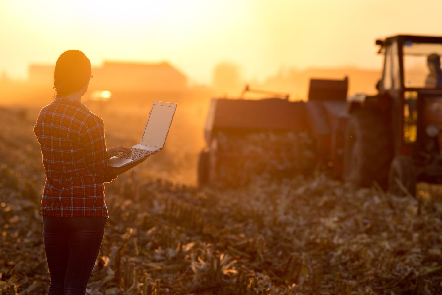 Woman farmer stands in field holding precision agriculture tablet. Sustainable agriculture. 