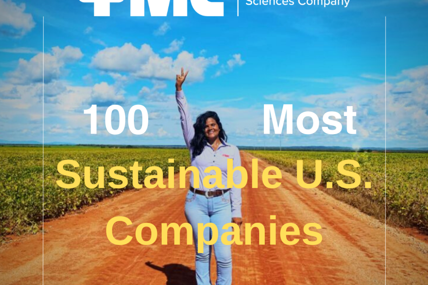 FMC employee smiling and making peace sign. FMC was the only crop protection company named to Barron's 100 Most Sustainable U.S. Companies.