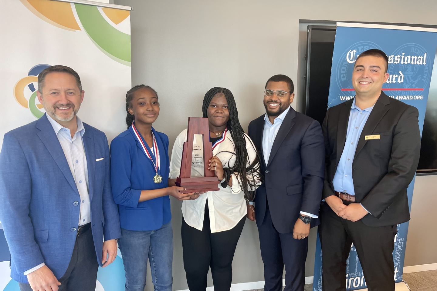 Shawn Whitman, FMC vice president, Government Affairs; Chrishelle Duffus, Lankenau student; Angemare Emmanuel, Lankenau student; Darryl Blakey, FMC associate director, State Government Affairs; Lukas Meyer, north program manager, The Congressional Award Program