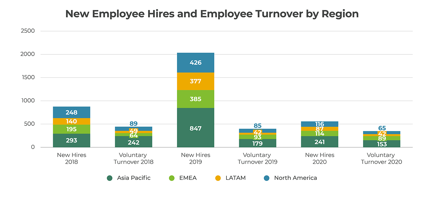 New Employee Hires and Employee Turnover by Region Graph